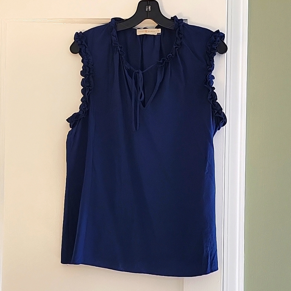 Tory Burch Navy Ruffle Blouse